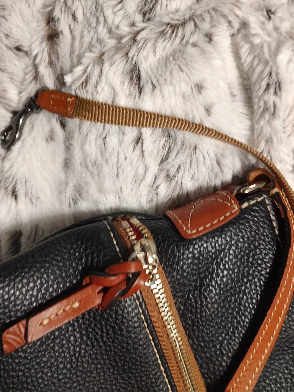 Dooney & Bourke Pebbled Black/Brown  Zip Bag Red Lining Gold HW